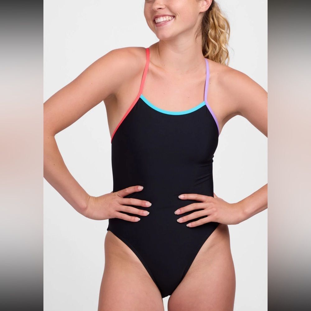 NWT New JOLYN Gavin Tie Back Swimsuit Black Contrast Rainbow Trim Pink Purple 26 - Picture 5 of 6